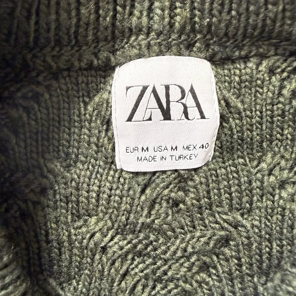 Zara Womens M Olive Green Cable Knit Crewneck Sweater Textured Made Turkey